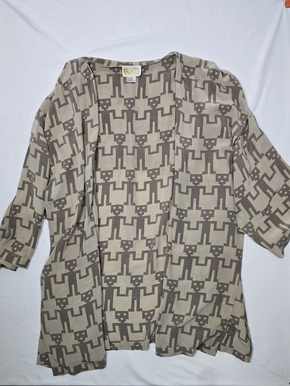 Vintage Laise Adzer 100% Silk Graphic Geometric Kimono Cardigan One Size Art to